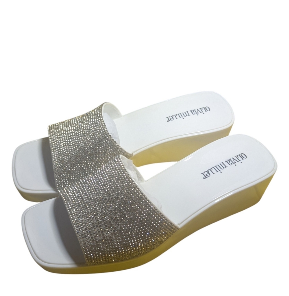 Olivia Miller Women's Slide Wedges Sz 9 White Rhinestone Embellished